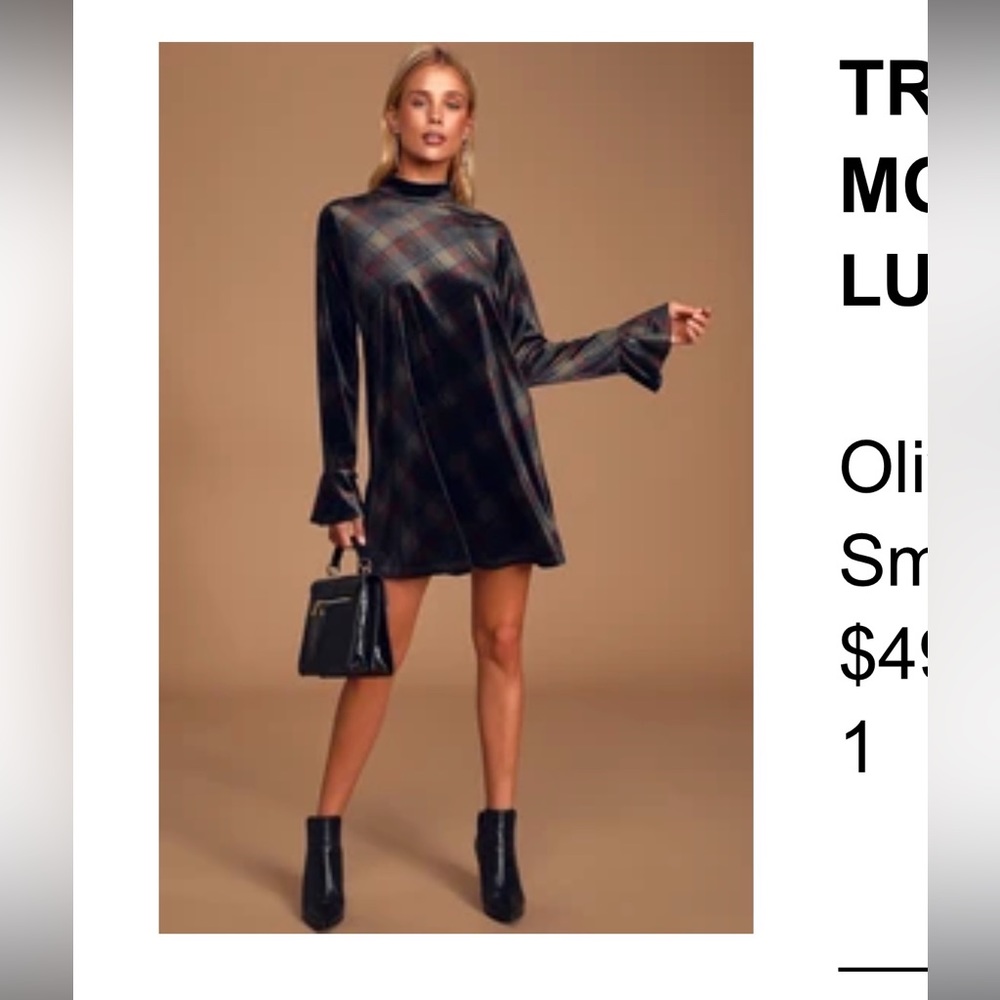 Lulus Truest Love Olive Green Plaid Velvet Mock Neck Long Sleeve Dress